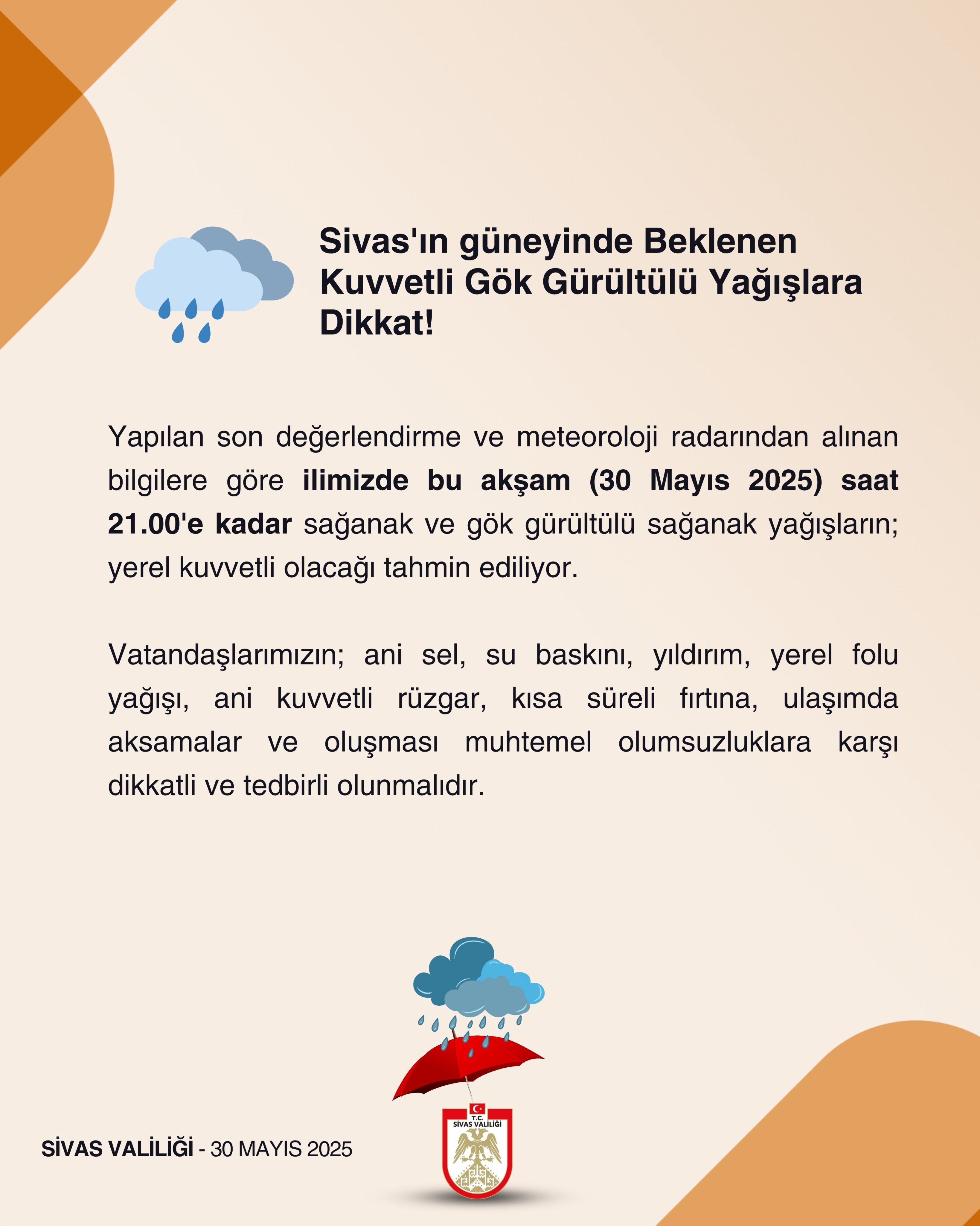 Sivas Valiliğinden Kuvvetli Yağış Uyarısı